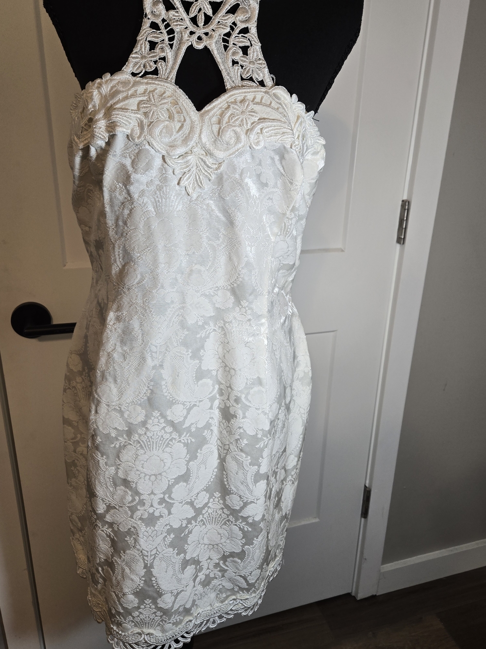 Vintage Scott McClintock Ivory Damask Halter Dress Cutout Back - Size 14